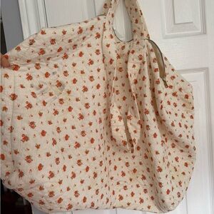 Zara Cream Quilted Tote with Orange Floral Print + makeup bag